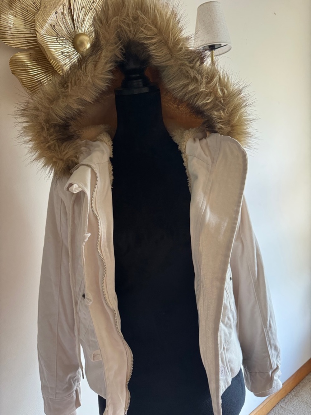 Women's Cream Faux-Fur Hood Winter Jacket